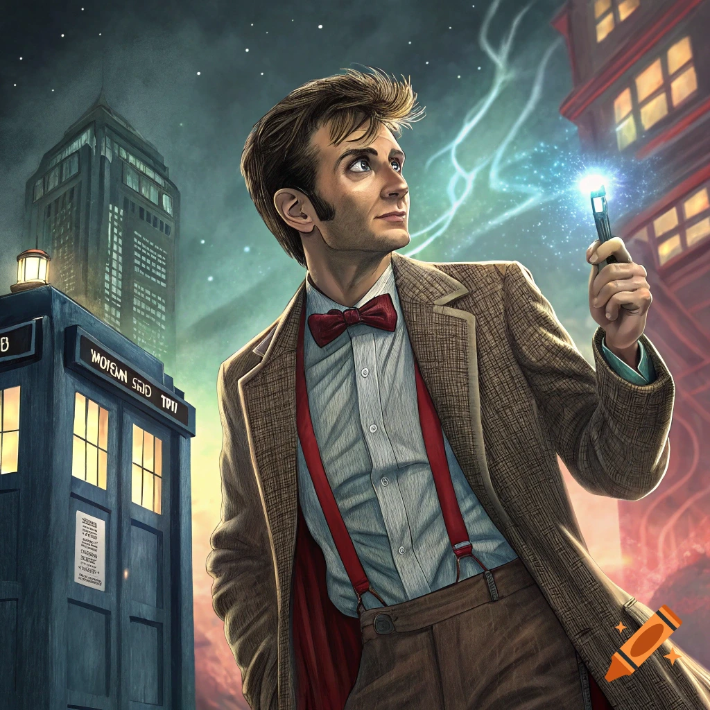 The 10th Doctor stands next to the TARDIS holding his sonic screwdriver in a city at night, illustration.