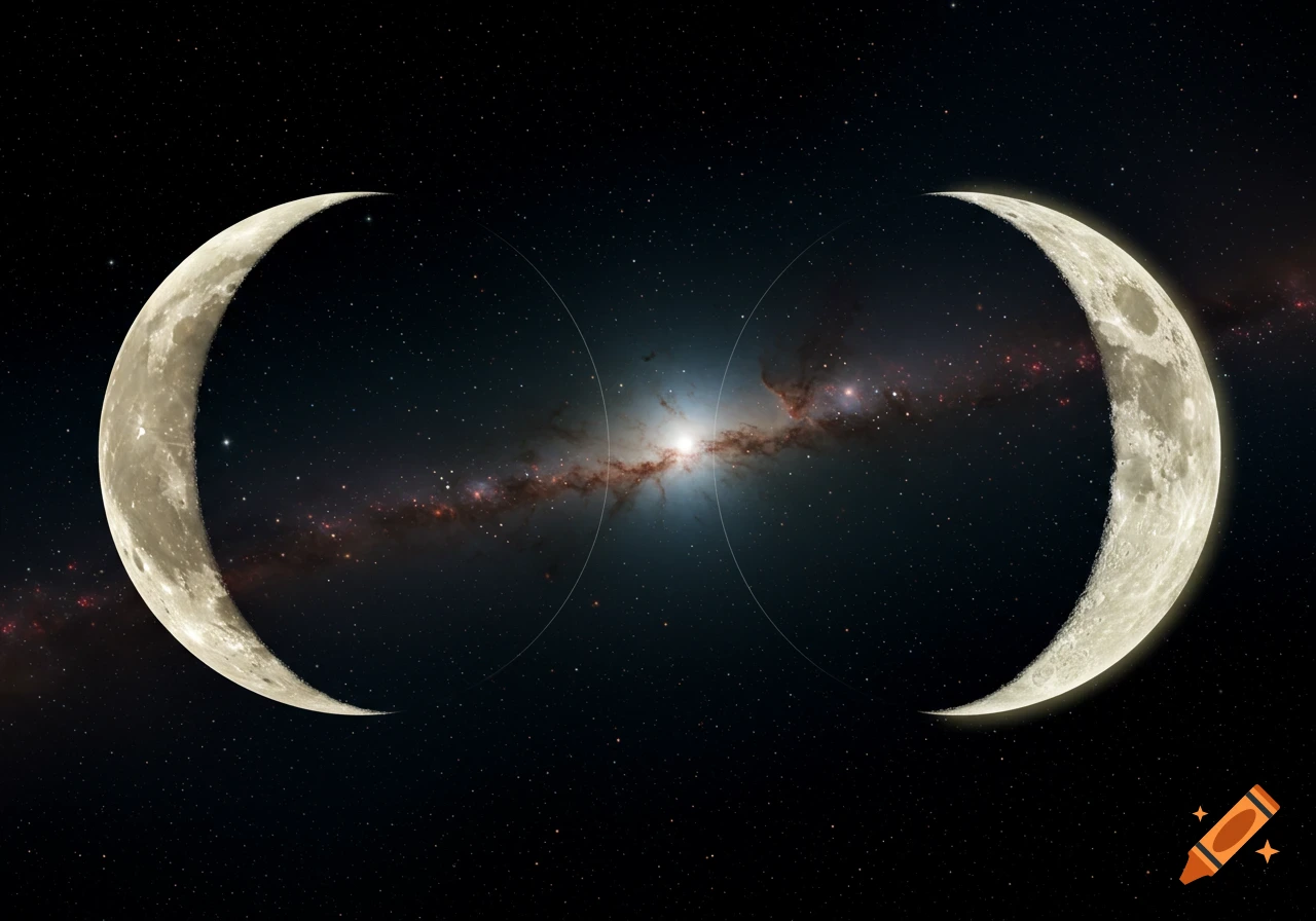 Two crescent moons face each other with a starry galaxy between them.