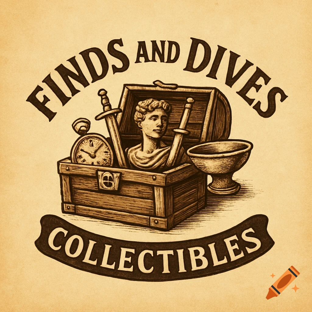 Vintage illustration logo for Finds and Dives Collectibles featuring a treasure chest with artifacts