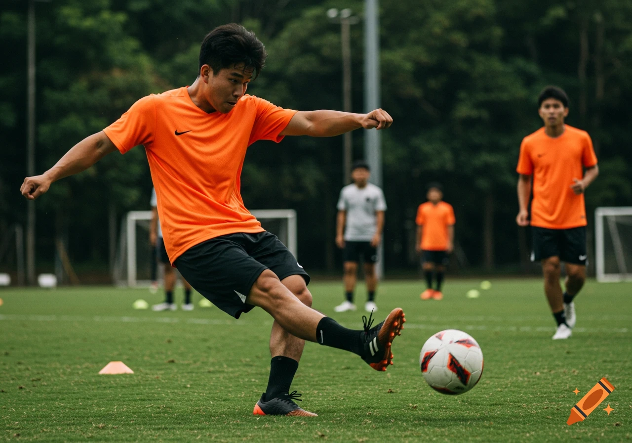A soccer player kicks a ball during a game or practice on a grassy field.