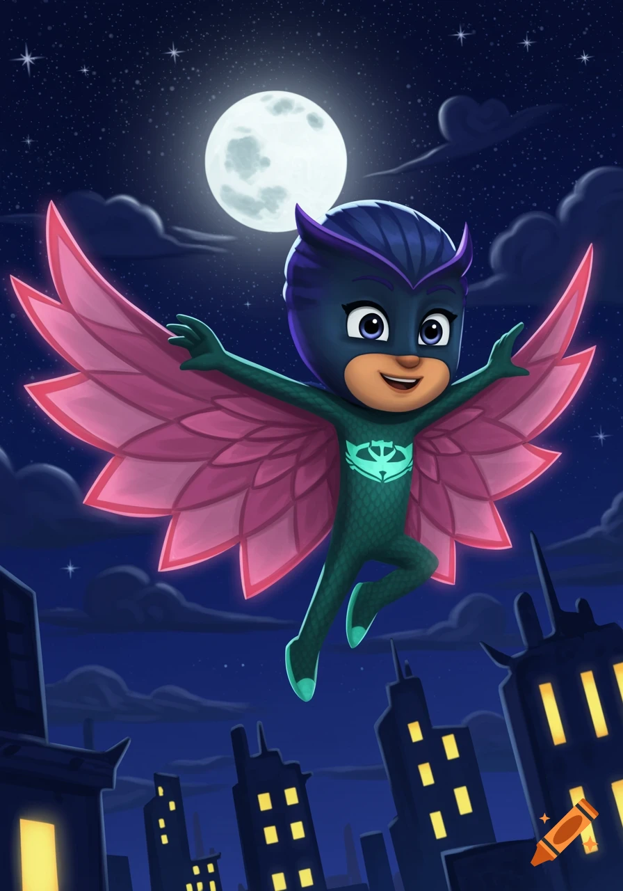 Owlette from PJ Masks flying over a city at night, cartoon illustration.