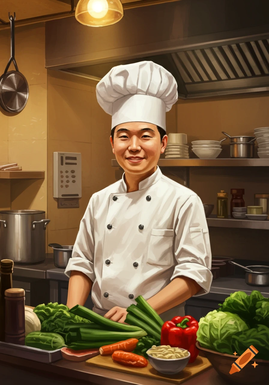 Smiling chef in white uniform and hat behind a counter with fresh vegetables in a kitchen.
