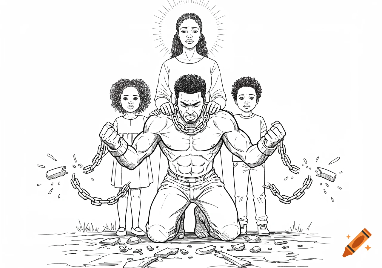 Black family line drawing, father breaking chains with wife and children.