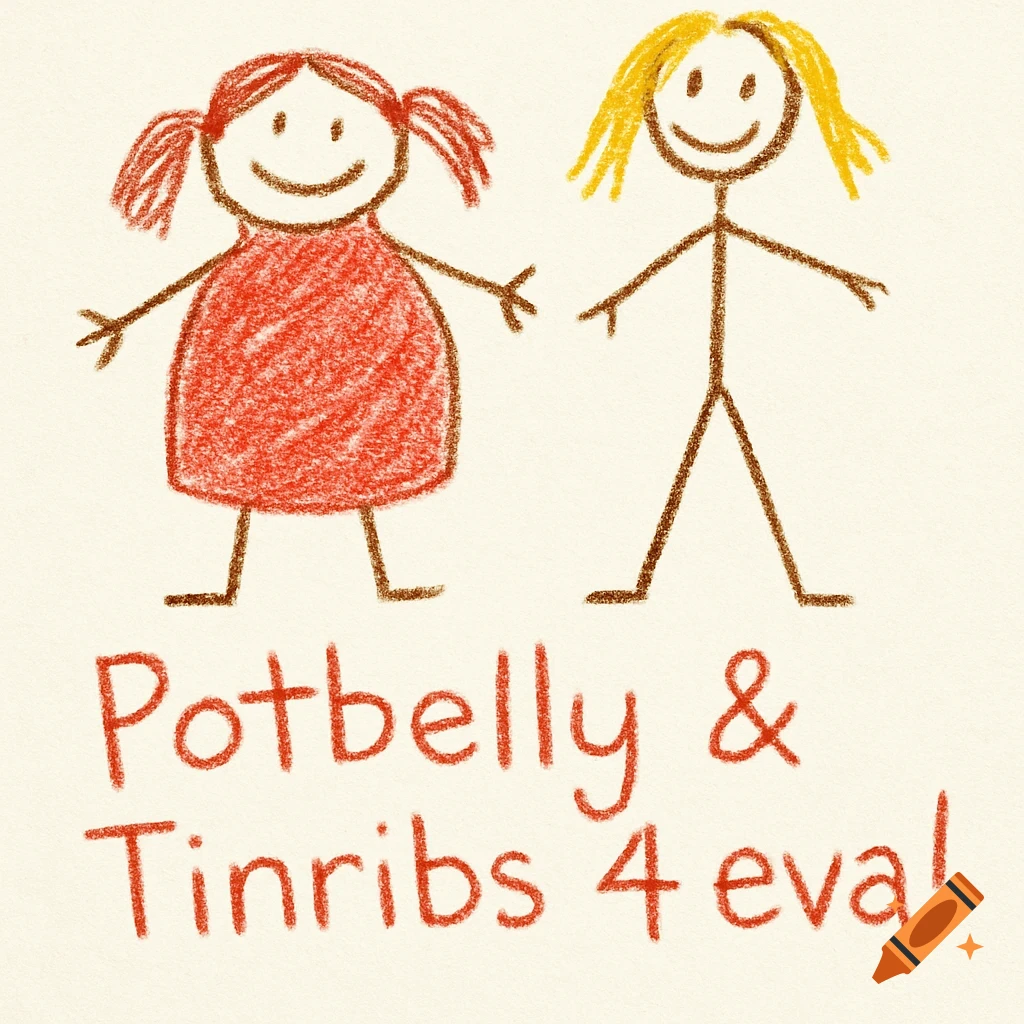 Crayon drawing of two stick figure girls, one wide, one thin, with 'Potbelly & Tinribs 4 eva!' text.