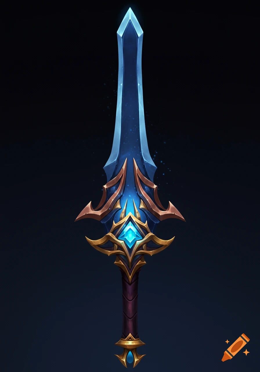 A stylized fantasy sword with a blue glowing blade, gold hilt, and blue gem.