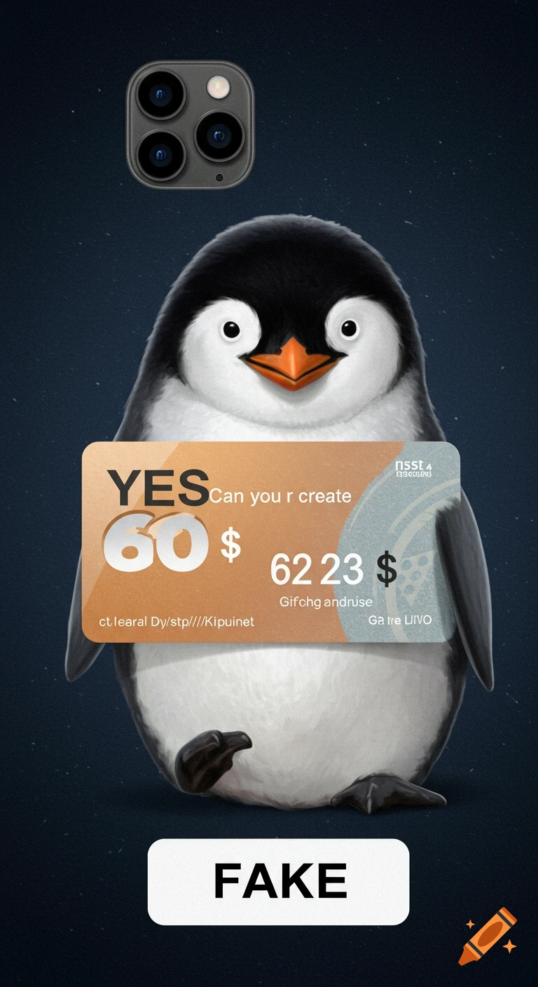 Illustration of a cute cartoon penguin holding a fake gift card screenshot on a phone case background, with a large 'FAKE' label at the bottom.