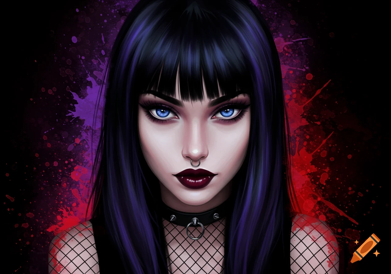 Close-up illustration of a goth woman with blue eyes, dark hair, nose ring, and choker against a dark background with paint splatters.