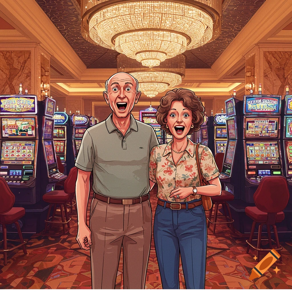 Excited older couple standing in a casino in front of slot machines. Illustration style.