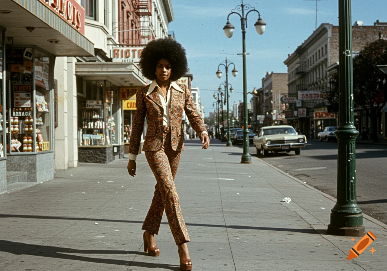 A black woman in a paisley suit walks on a city sidewalk in the 1970s.