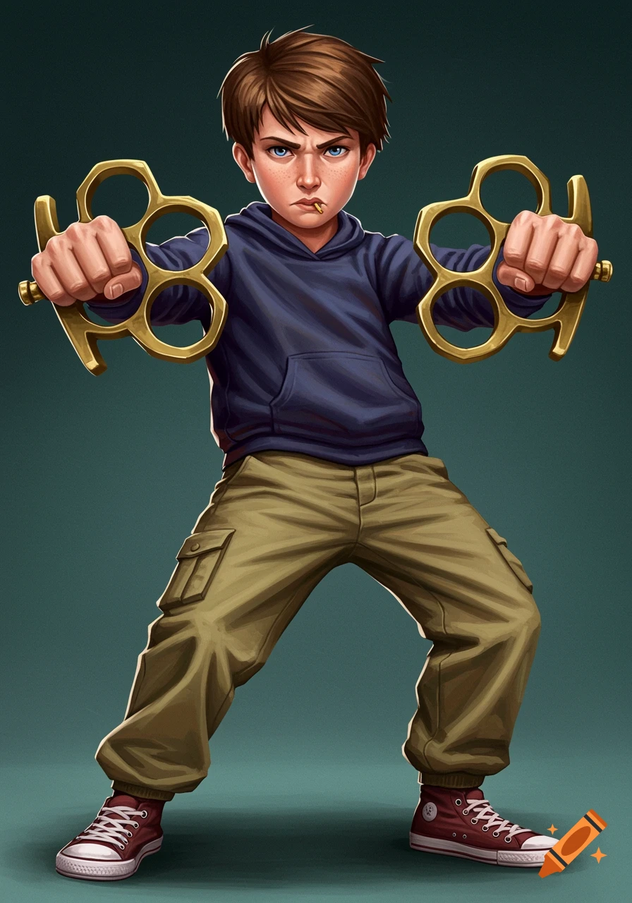 Illustration of a boy in a blue hoodie and cargo pants holding brass knuckles.