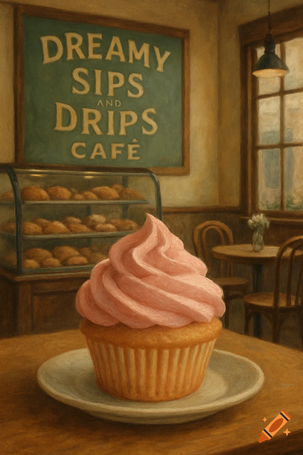 Close-up painting of a cupcake on a table in a cafe with a sign reading "Dreamy Sips and Drips Cafe".