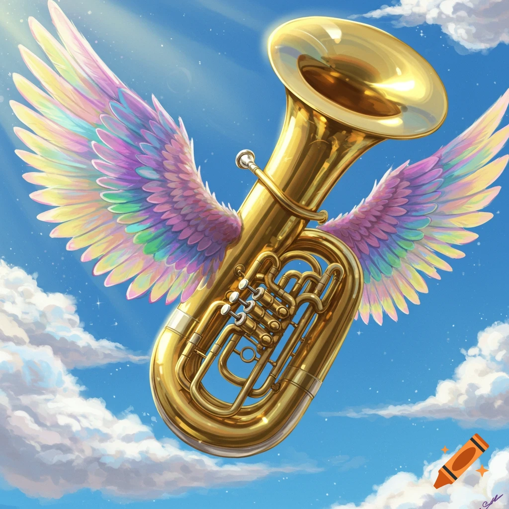 A golden tuba with rainbow wings flies in a blue sky with clouds.