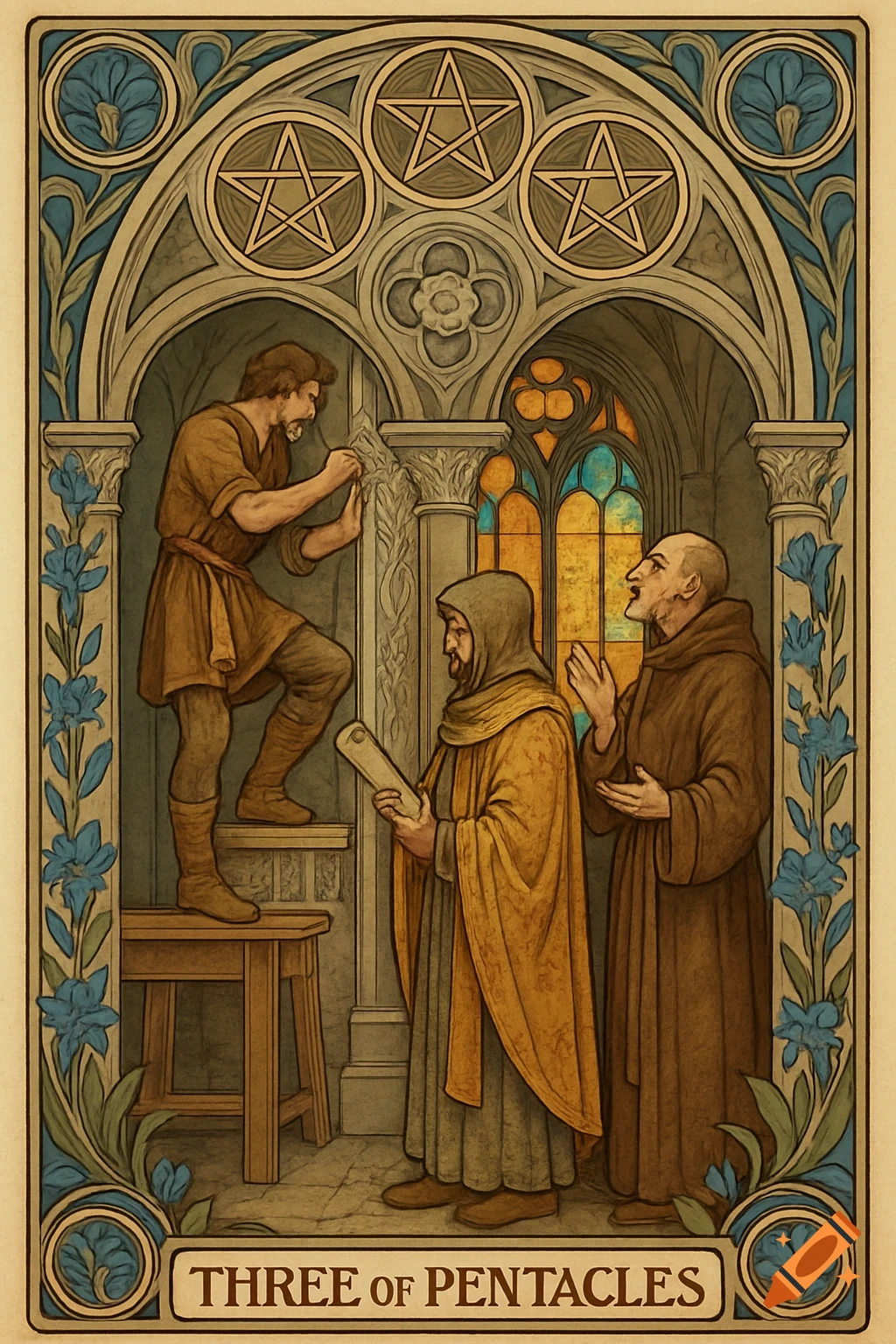 Art Nouveau tarot card 'Three of Pentacles' showing a craftsman, architect, and monk in a cathedral.
