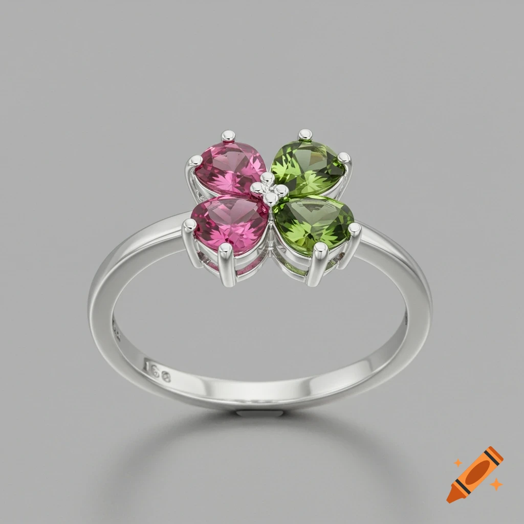 Silver ring with pink and green heart-shaped stones forming a clover design.