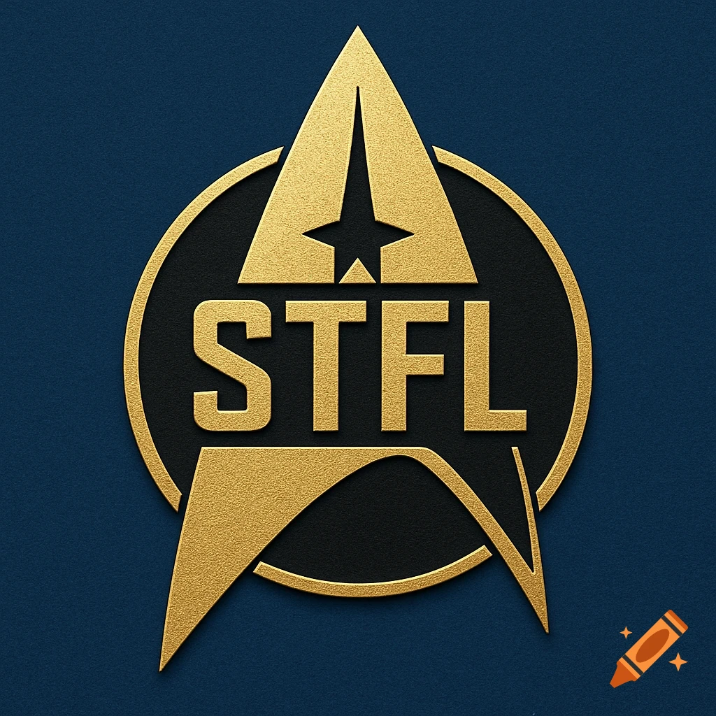 A gold Starfleet-style delta insignia with the letters STFL inside, set against a dark blue background.