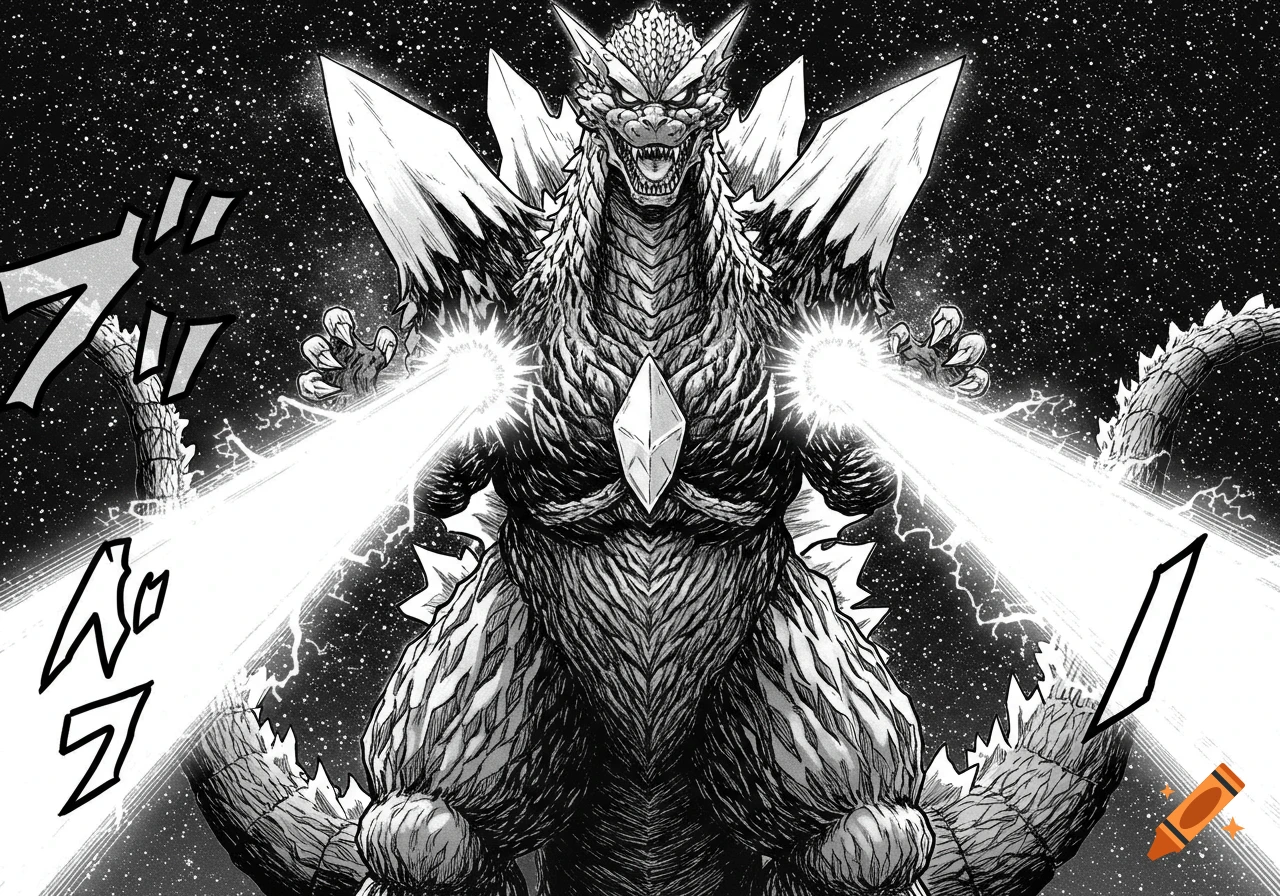 Manga style drawing of SpaceGodzilla shooting energy beams from its shoulders in space with sound effects.