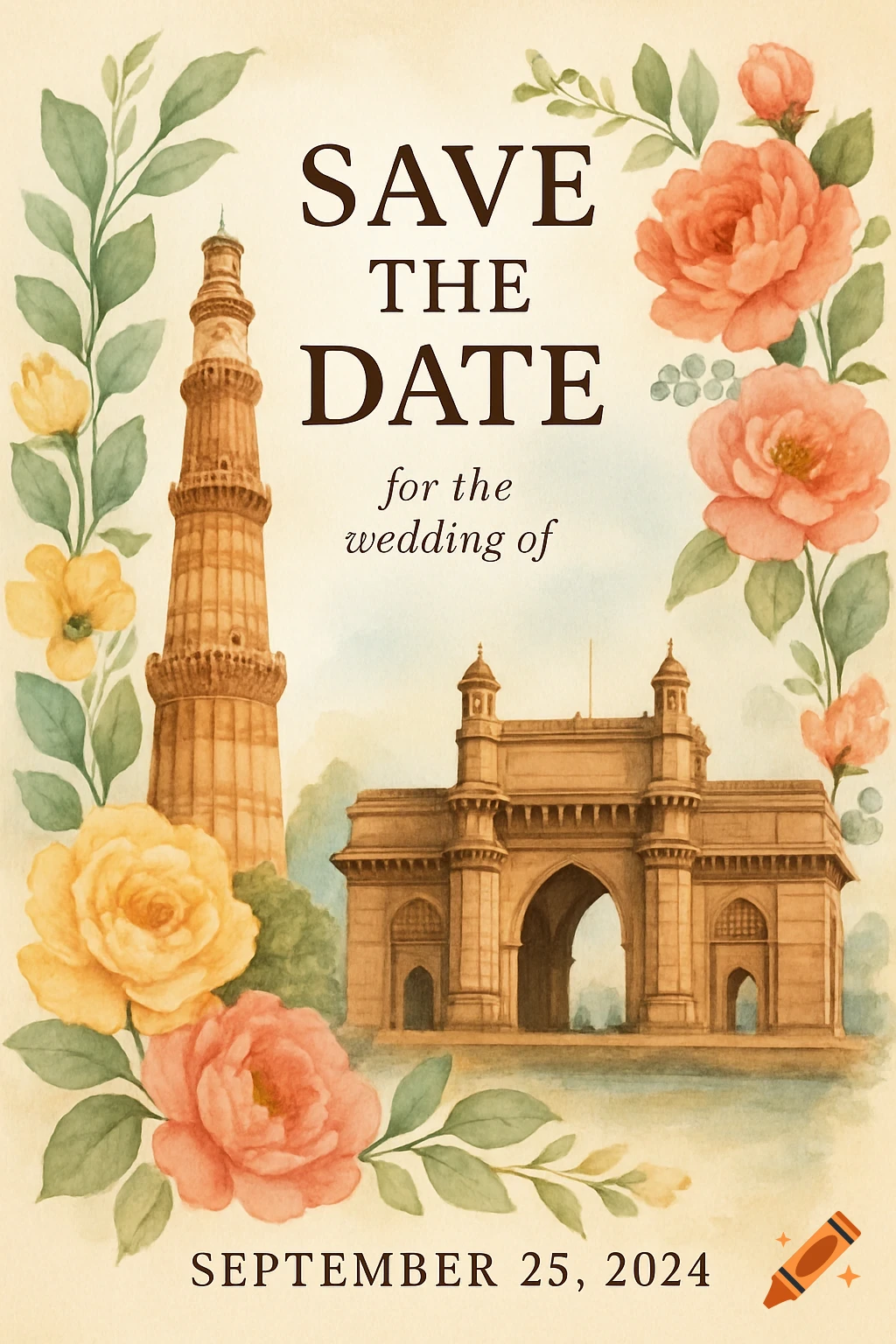 Watercolor wedding save the date invite with text, Indian landmarks, and flowers