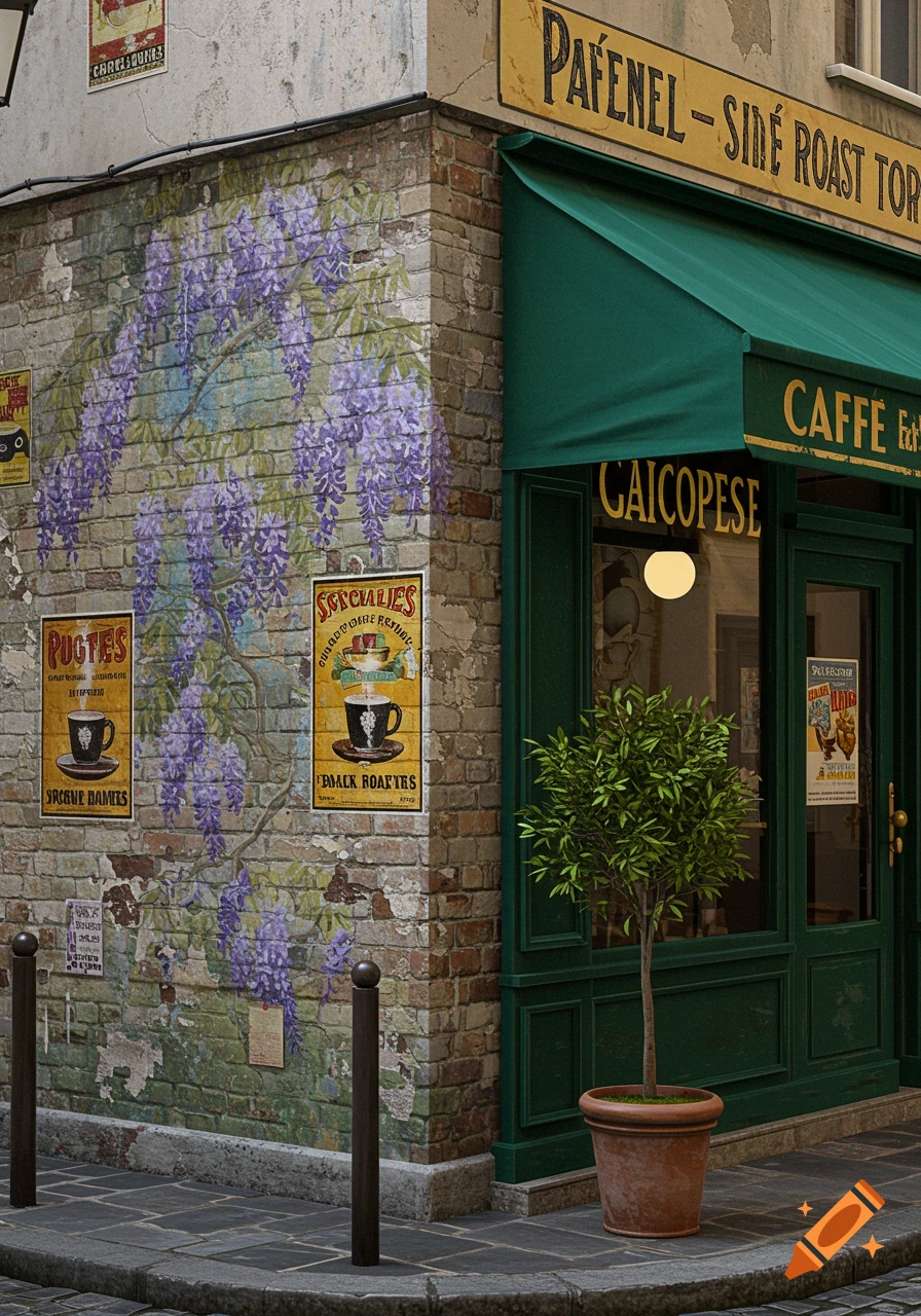 Corner of a brick building with a green awning and door, featuring a purple wisteria mural and posters on the wall, a potted tree, and bollards on the sidewalk.