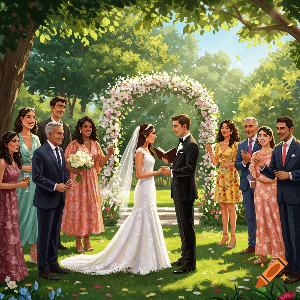 Painterly illustration of a wedding ceremony outdoors with bride, groom, and guests.