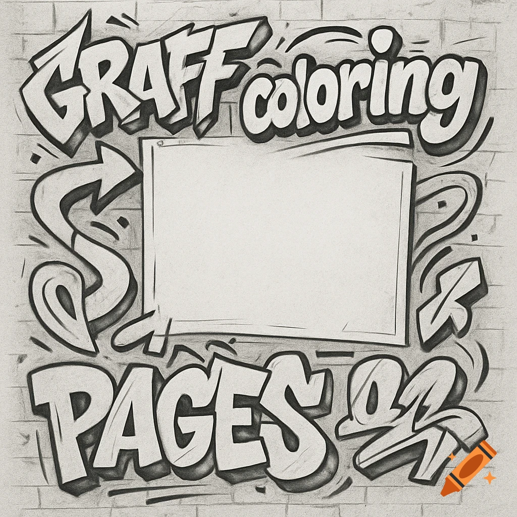 Black and white sketch of graffiti text 'GRAFF coloring PAGES 03' on a brick wall with a blank space.
