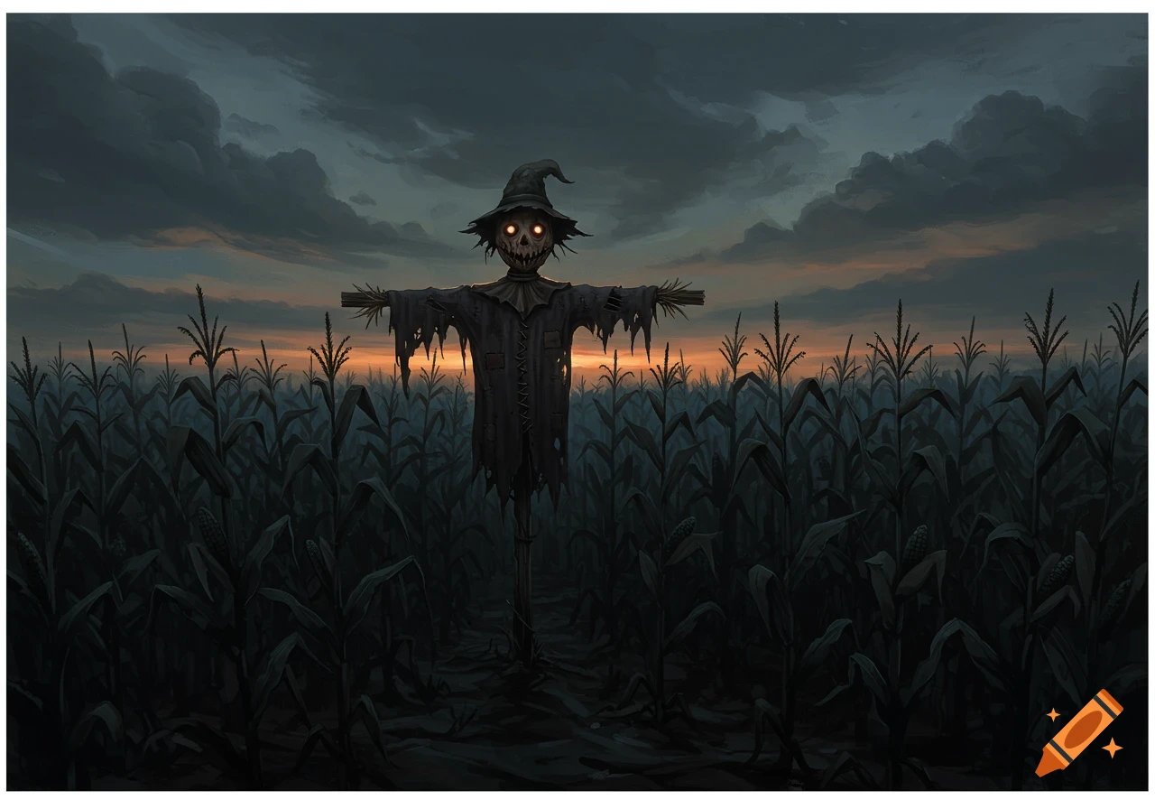 Creepy painting of a scarecrow with glowing eyes in a dark cornfield at dusk.