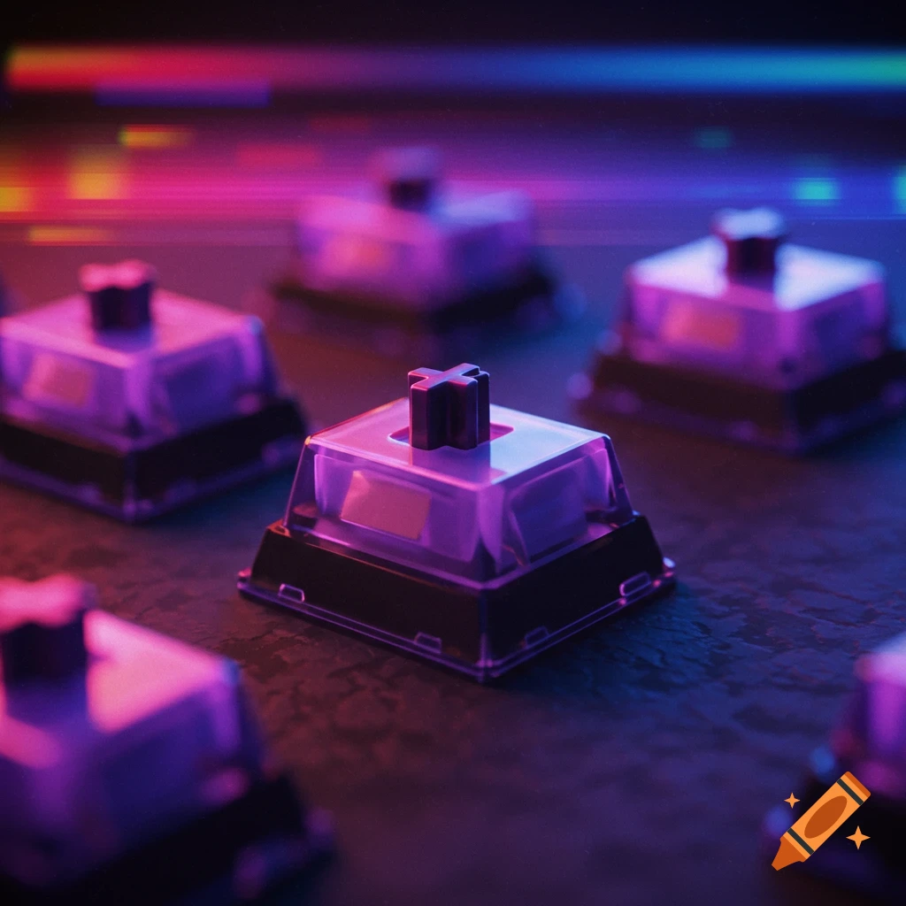 Close-up of purple keyboard switches in a retrowave style with glitchy background