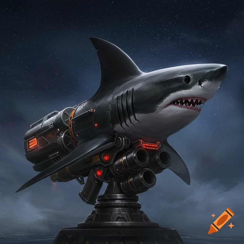 Digital painting of a mechanical shark with rocket launchers on a platform against a starry sky.