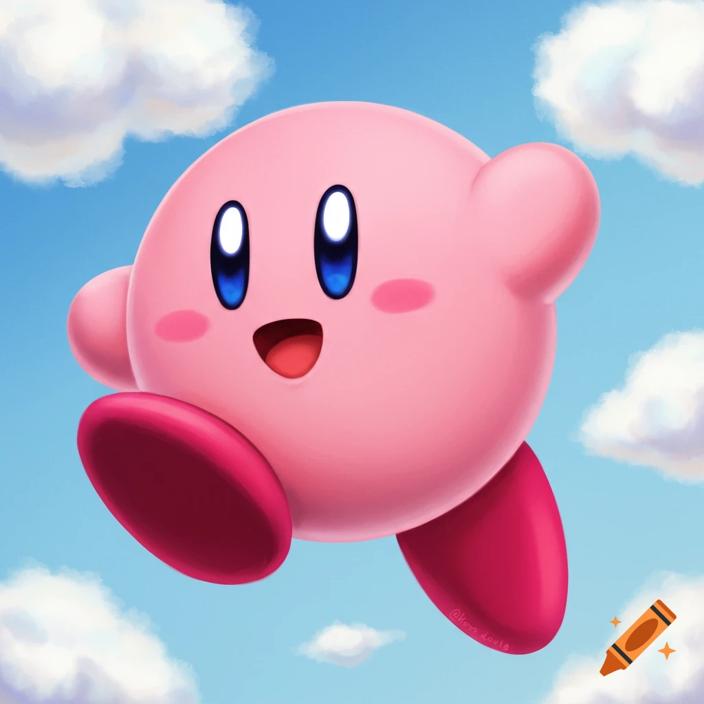 Kirby, a pink round character, floats in a blue sky with clouds.