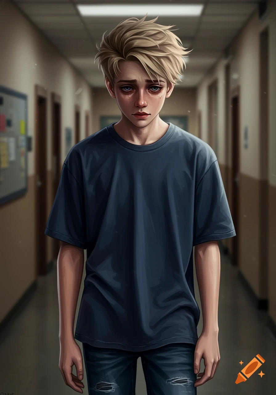 Digital art portrait of a sad teenage boy with tears, standing in a school hallway.