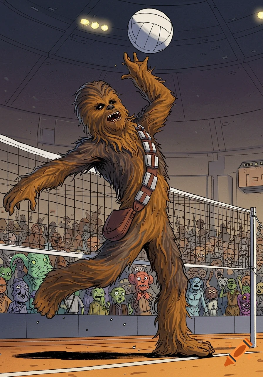 Chewbacca spikes a volleyball in a cartoon style with a crowd watching.