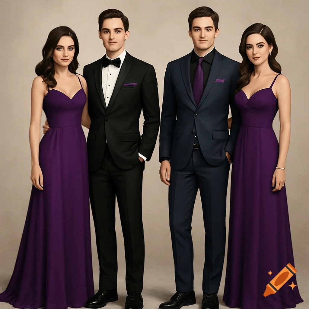 Two couples in formal wear, men in tux and suit with purple ties and pocket squares, women in long purple dresses.