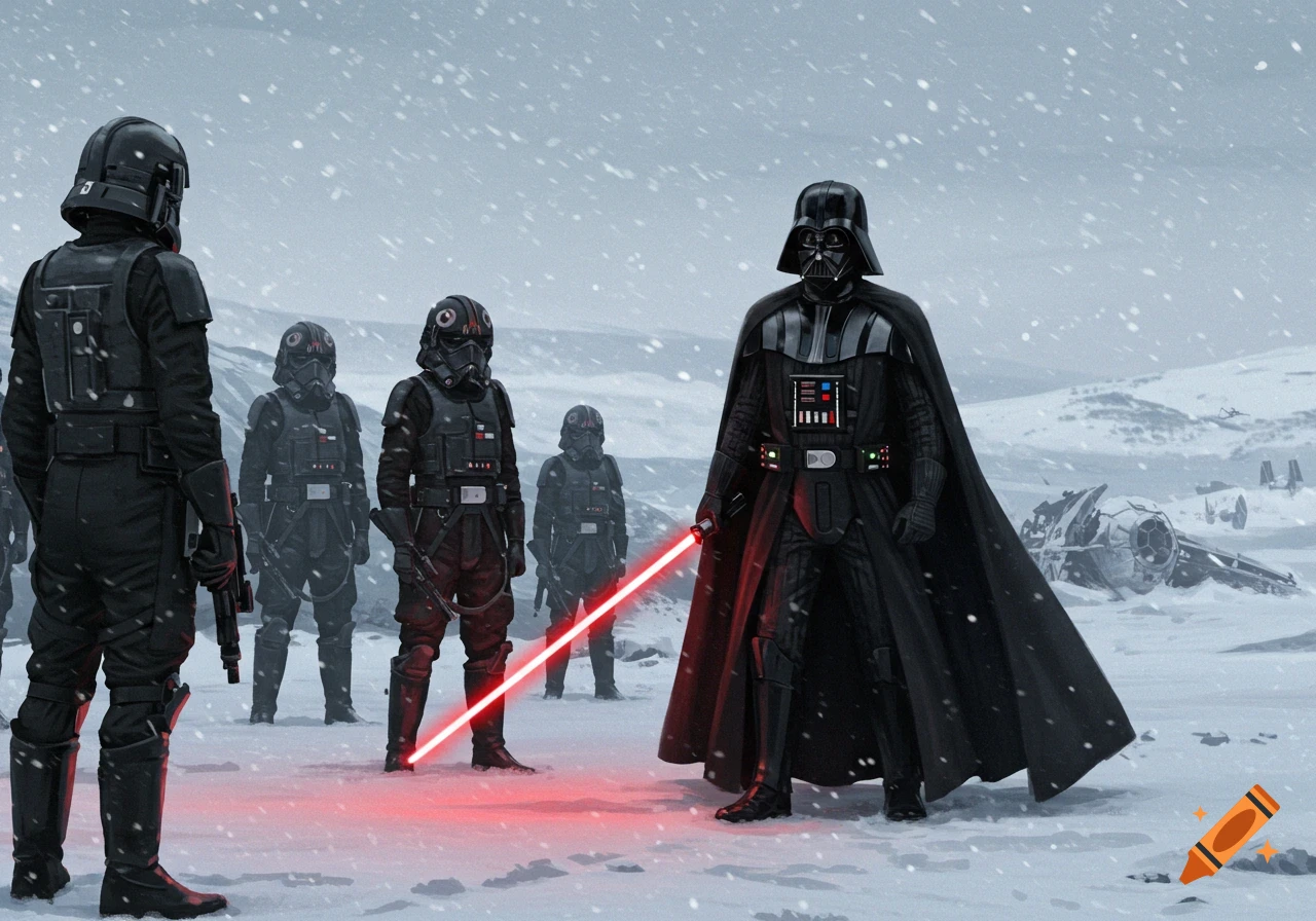 Darth Vader and Tie Fighter pilots stand in a snowy landscape.