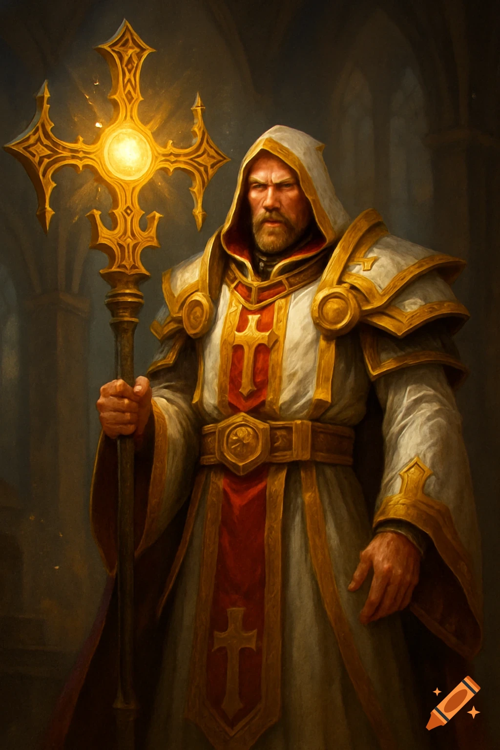 Fantasy illustration of a priest holding a glowing golden staff in a cathedral.