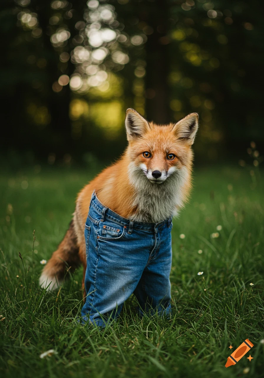 Photorealistic image of a fox wearing blue jeans standing in grass.