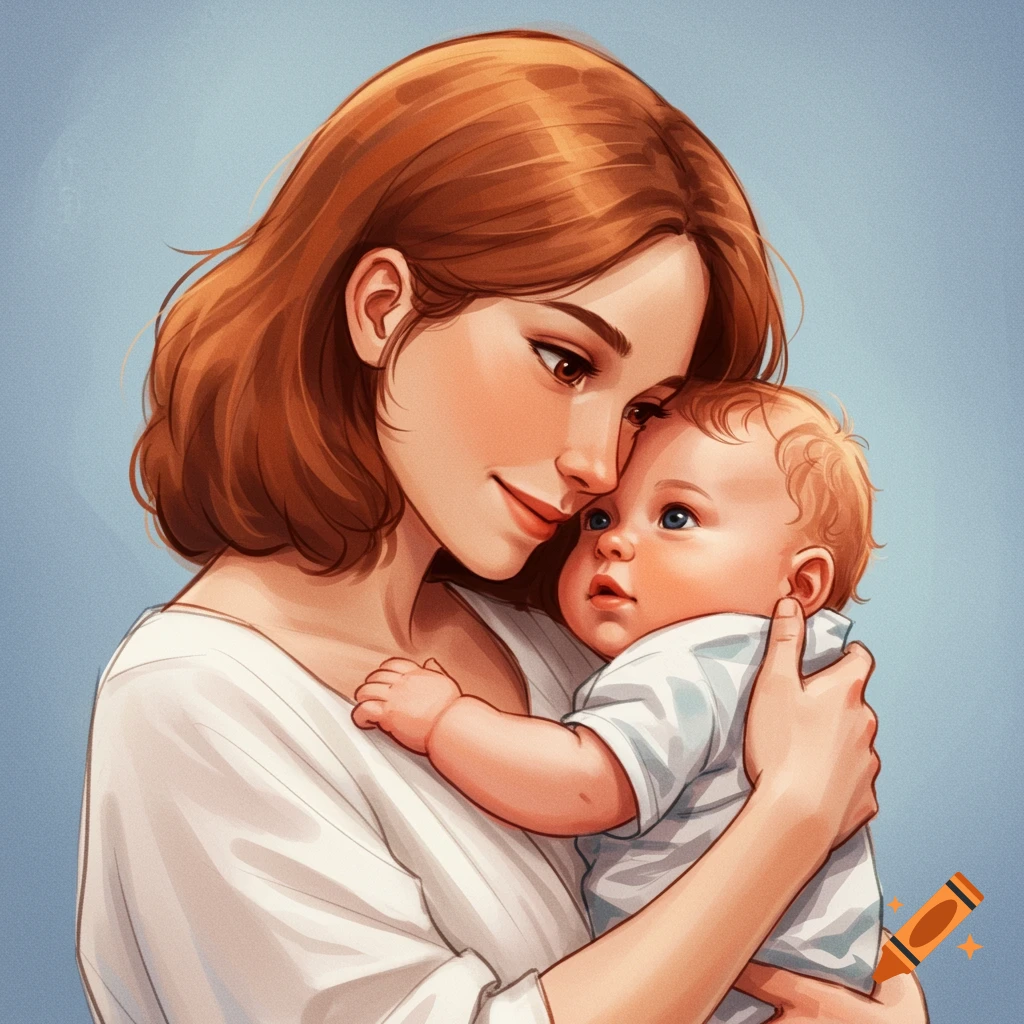 Digital illustration of a woman holding a baby close, heads touching