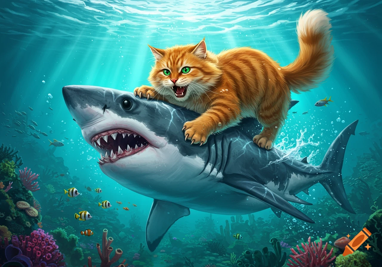 An orange cat rides a shark underwater through a colorful coral reef.