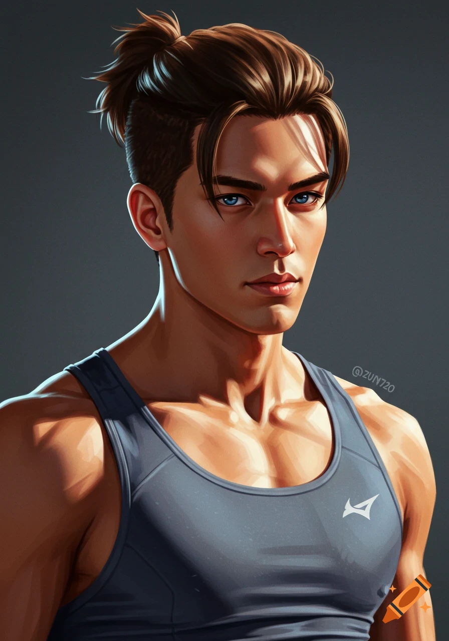 Digital painting portrait of a muscular man with a ponytail and blue eyes.