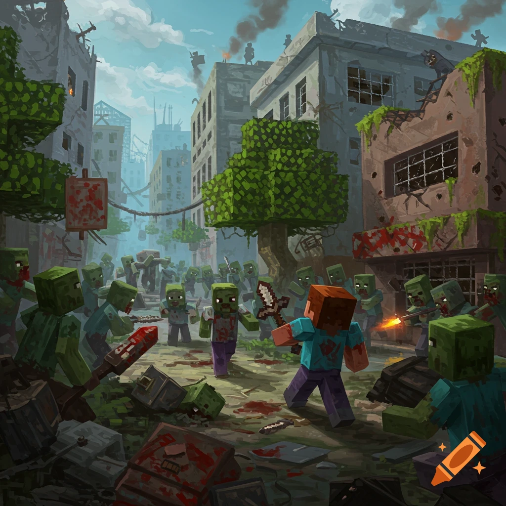 Minecraft character fighting zombies in a ruined city street.