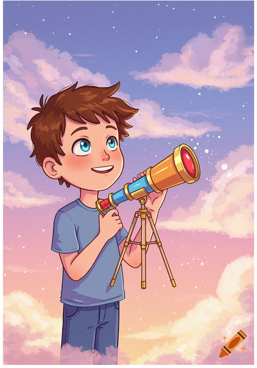 Illustrated boy looking through telescope at stars
