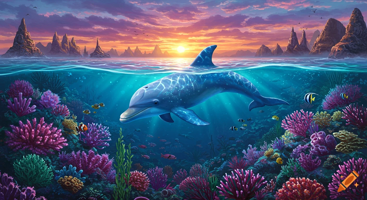 A shimmering dolphin swims above a coral reef at sunset.