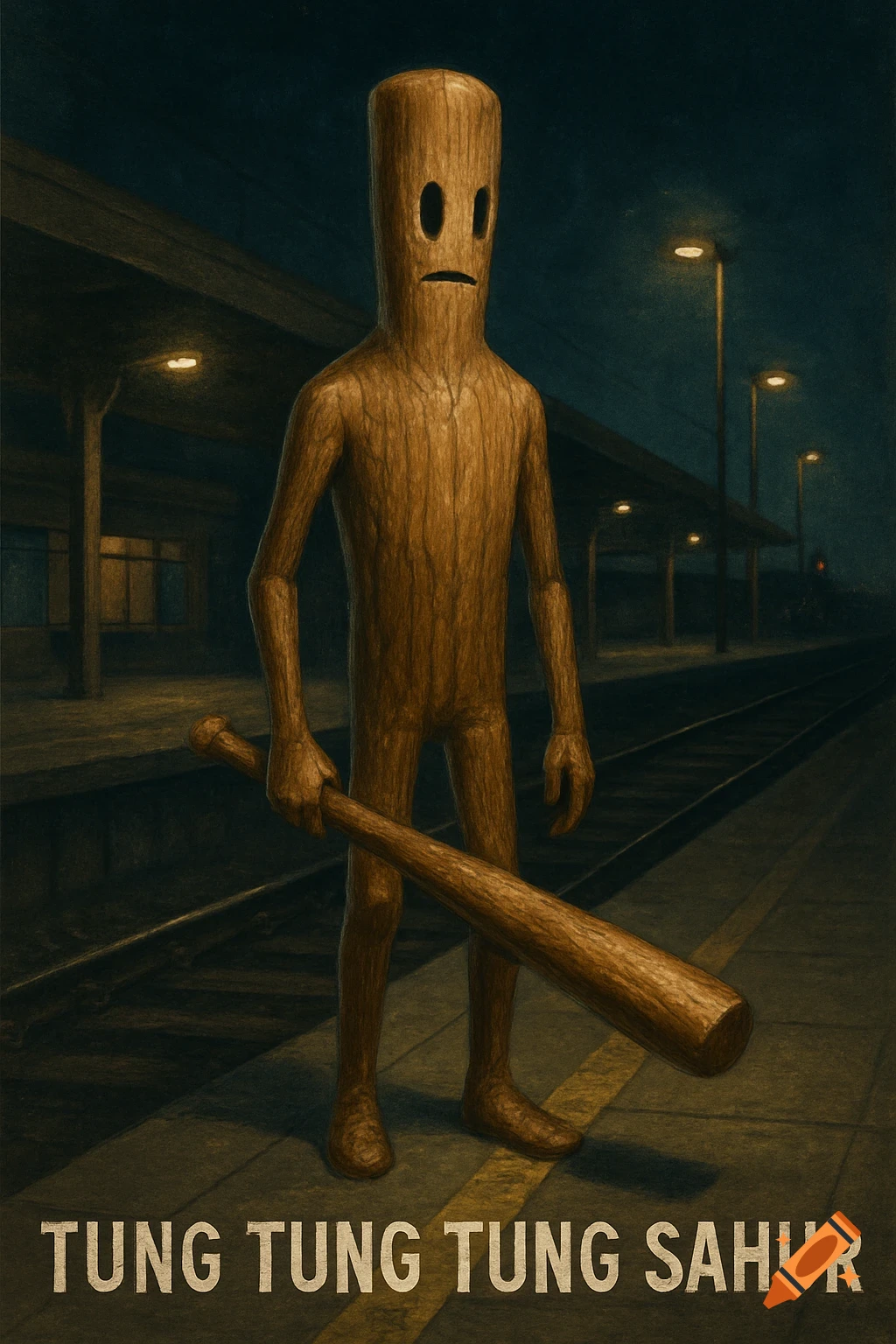 A stylized wooden figure holding a baseball bat stands on a platform at a dark train station. Text below reads "TUNG TUNG TUNG SAHUR".