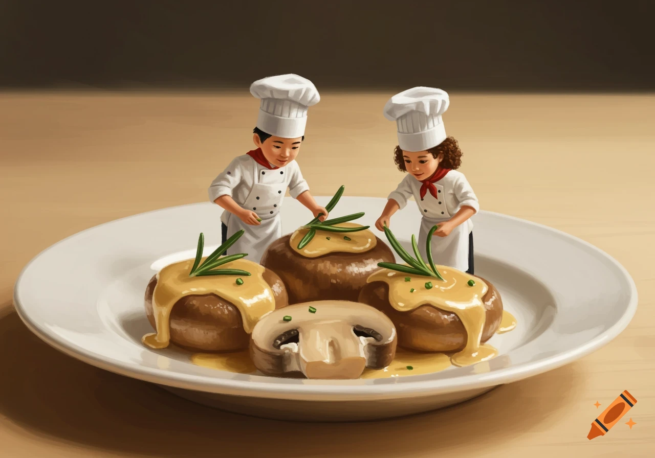 Tiny chefs decorate creamy mushrooms on a plate.