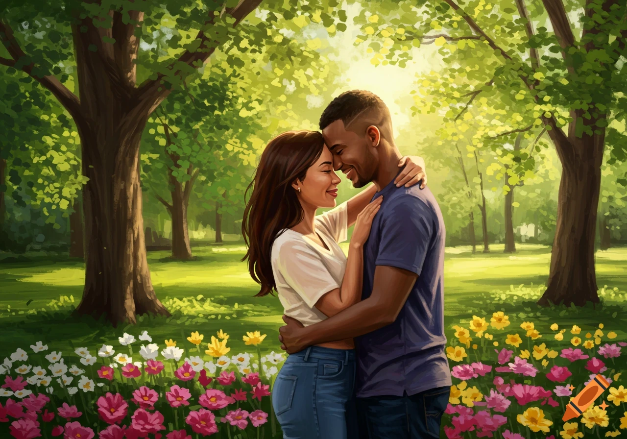 A couple embraces in a park surrounded by trees and flowers, digital painting style.