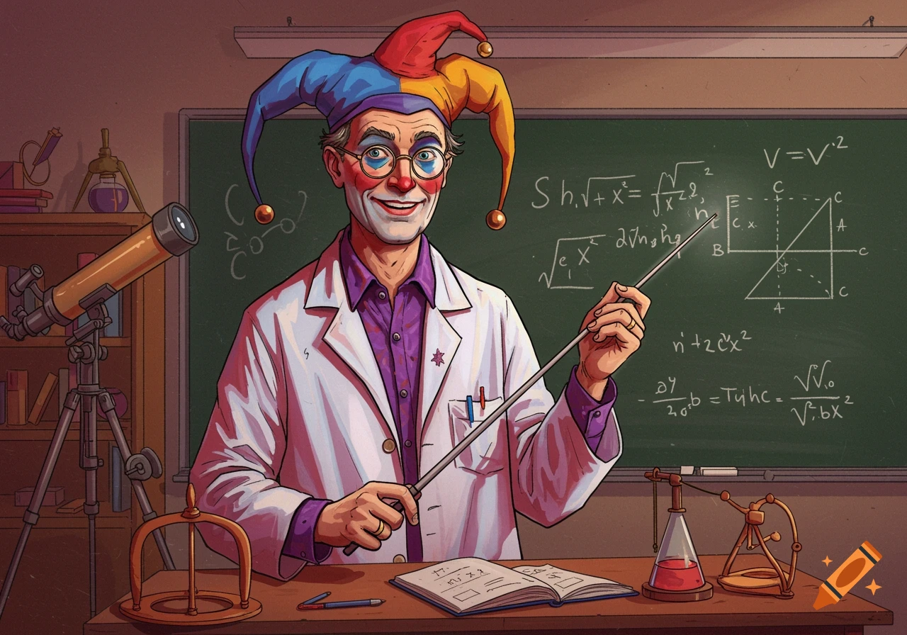 Cartoon illustration of a physics teacher in jester makeup pointing at a blackboard full of math equations.