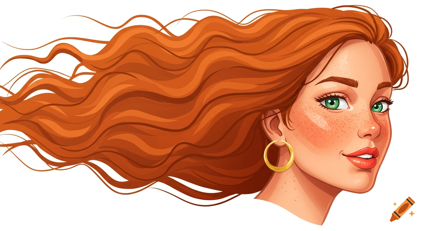 Illustration of a red-haired woman with long, flowing curly hair and green eyes