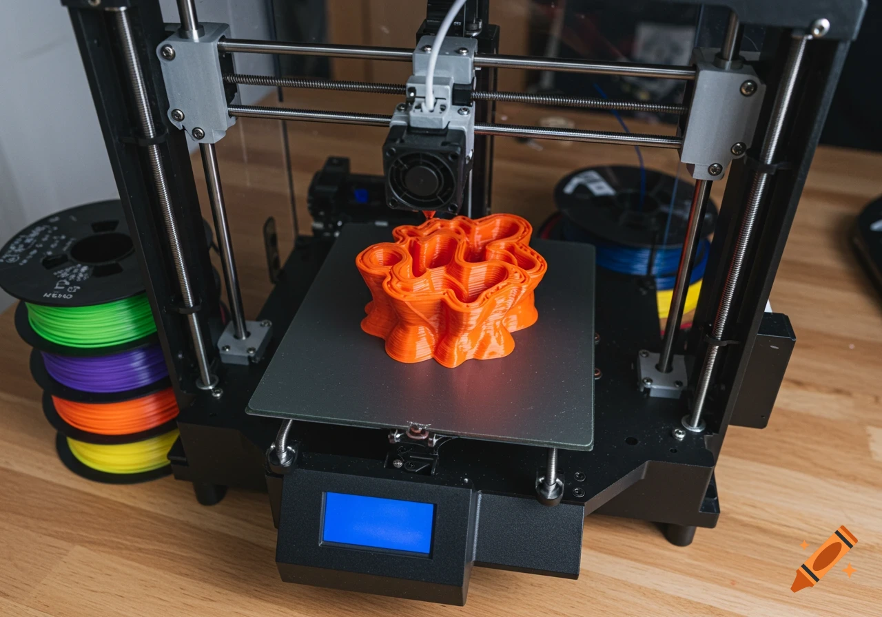 A 3D printer prints an orange object. Spools of colorful filament are nearby.