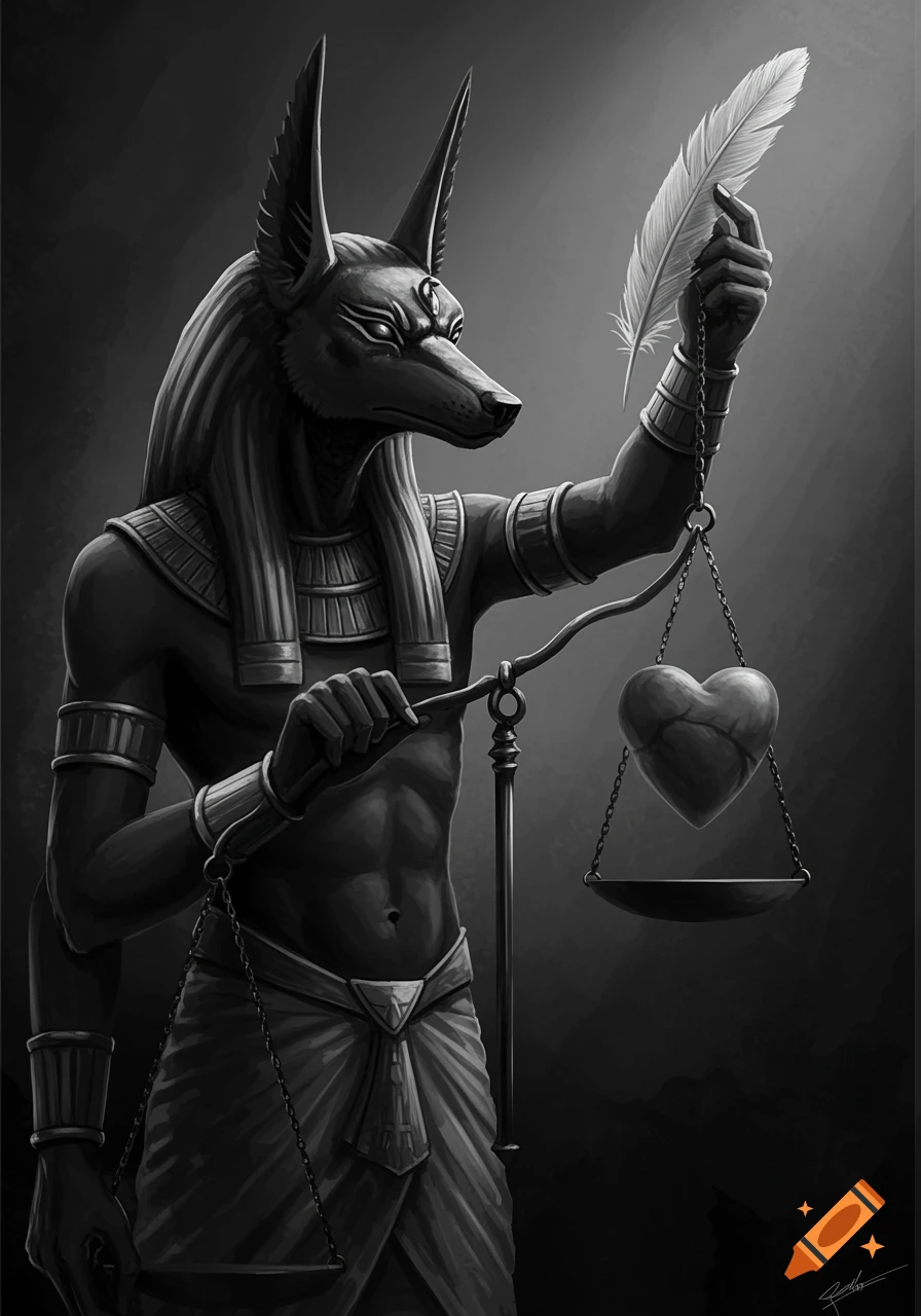 Grayscale illustration of Anubis weighing a heart against a feather on scales.