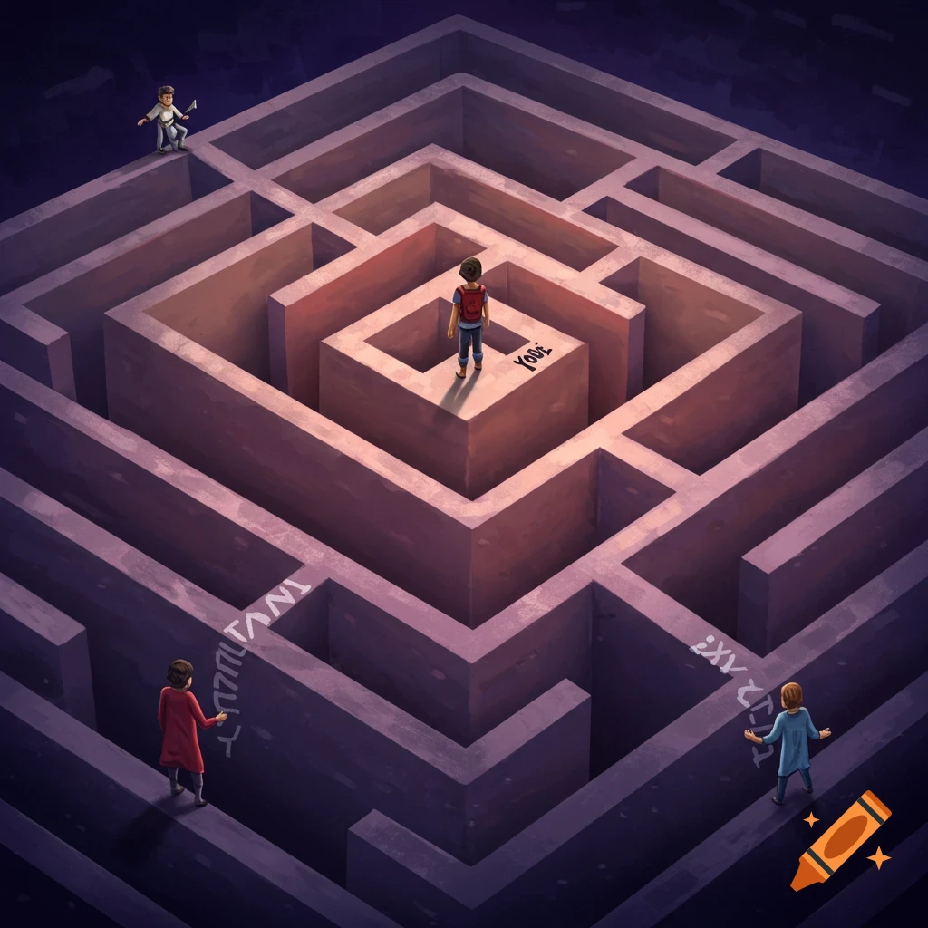 A top-down perspective illustration of a vast purple maze with three small figures.