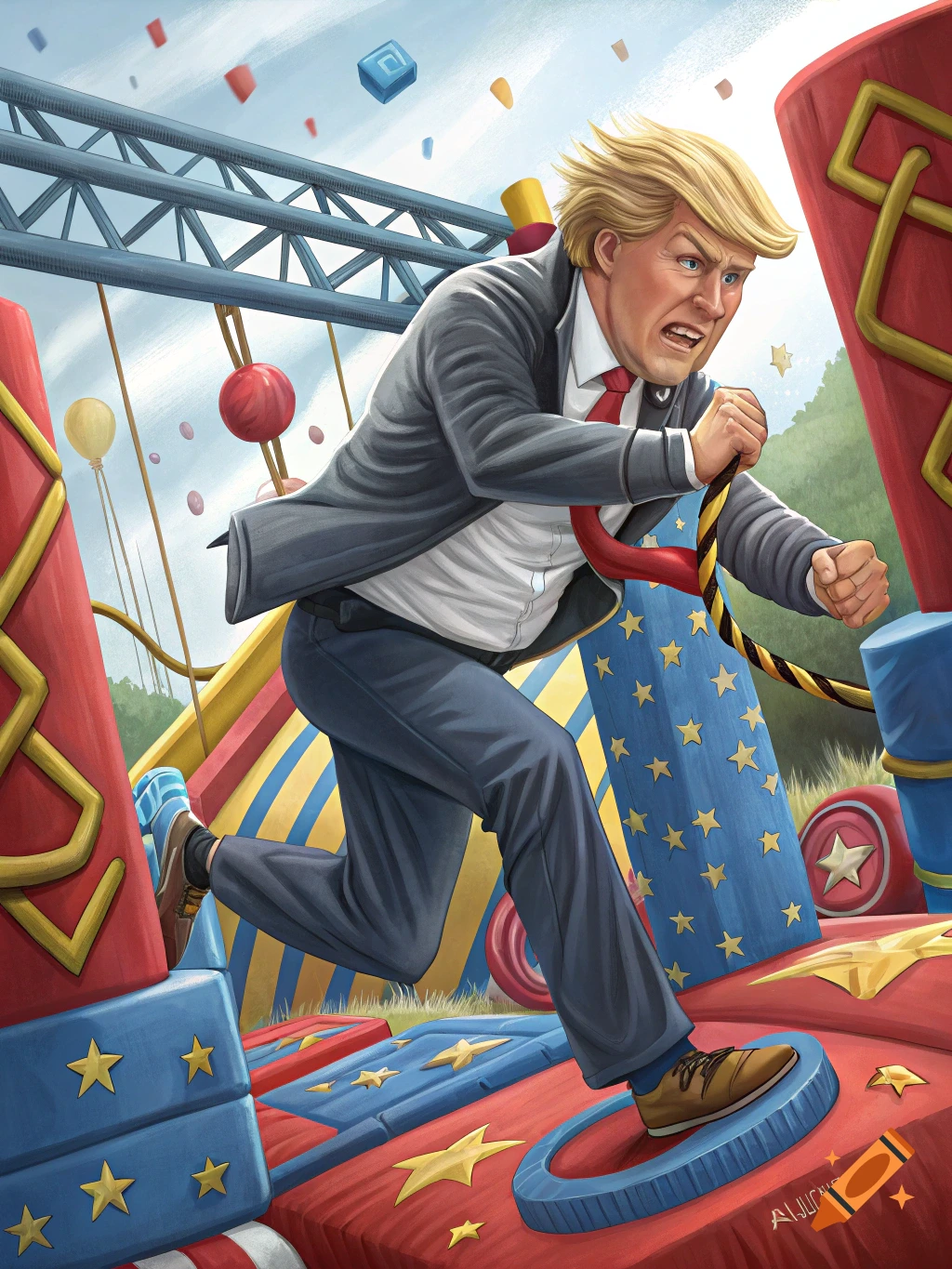 Cartoon illustration of Donald Trump running aggressively on a colorful obstacle course.