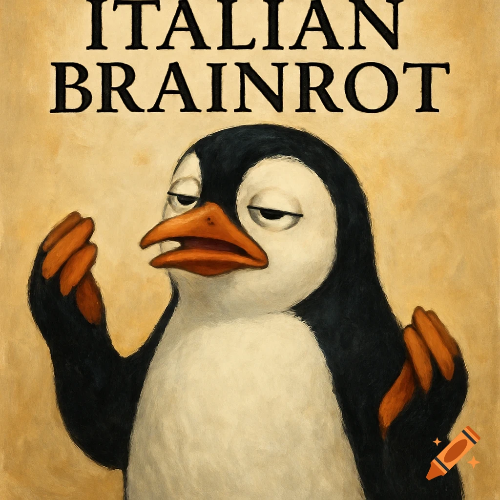 A cartoon penguin making an Italian hand gesture. Text reads: ITALIAN BRAINROT.